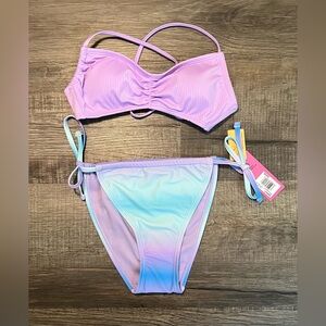Women’s Pastel Ombre Blue and Purple Two-Piece Swim Set, Top & Bottom Size Small